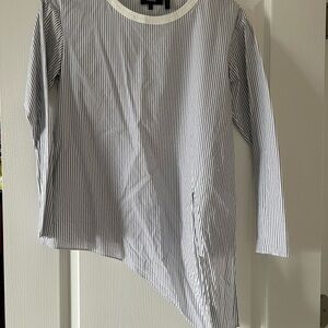 Theory Blue and White Striped Asymmetrical Long Sleeve Top